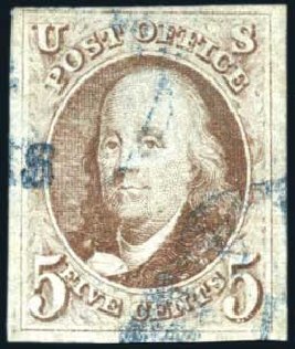 Costs of US Stamps Scott Cat. #1 - 1847 5c Franklin. Harmer-Schau Auction Galleries, Jul 2010, Sale 86, Lot 312