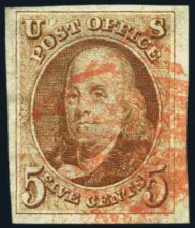 US Stamps Price Scott Catalogue 1 - 5c 1847 Franklin. Harmer-Schau Auction Galleries, May 2012, Sale 93, Lot 232