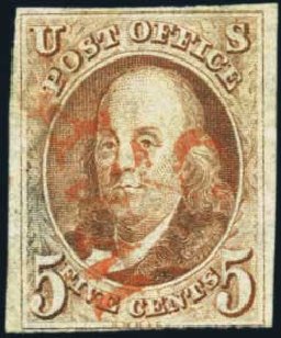 Price of US Stamp Scott Catalogue #1 - 5c 1847 Franklin. Harmer-Schau Auction Galleries, Aug 2012, Sale 94, Lot 962