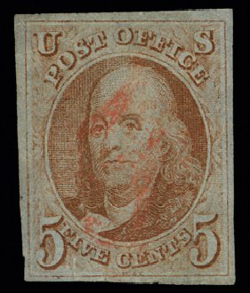 Costs of US Stamps Scott # 1: 1847 5c Franklin. H.R. Harmer, May 2014, Sale 3005, Lot 1012