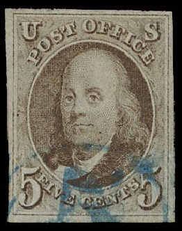 Value of US Stamps Scott #1 - 5c 1847 Franklin. Daniel Kelleher Auctions, Jun 2012, Sale 630, Lot 1192