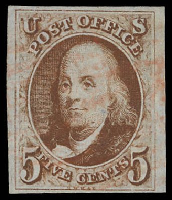 Value of US Stamp Scott Catalogue #1: 1847 5c Franklin. Daniel Kelleher Auctions, Feb 2013, Sale 634, Lot 502