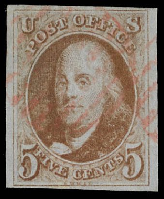 US Stamp Price Scott Catalogue #1: 1847 5c Franklin. Daniel Kelleher Auctions, Feb 2013, Sale 634, Lot 512
