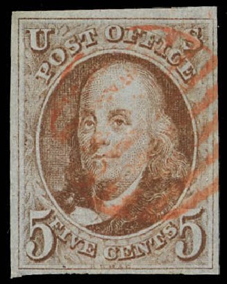 US Stamp Price Scott Catalogue 1 - 5c 1847 Franklin. Daniel Kelleher Auctions, Feb 2013, Sale 634, Lot 522