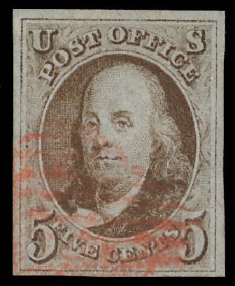 Values of US Stamp Scott 1 - 5c 1847 Franklin. Daniel Kelleher Auctions, Feb 2013, Sale 634, Lot 542