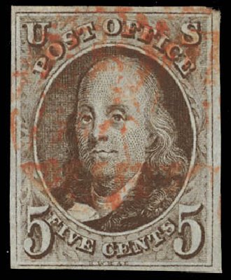 US Stamp Prices Scott Catalog #1 - 5c 1847 Franklin. Daniel Kelleher Auctions, Feb 2013, Sale 634, Lot 552