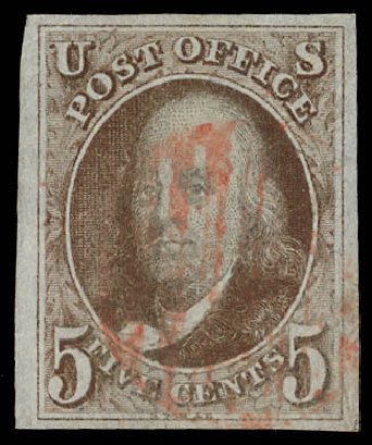 Costs of US Stamps Scott Catalogue # 1: 5c 1847 Franklin. Daniel Kelleher Auctions, Feb 2013, Sale 634, Lot 562