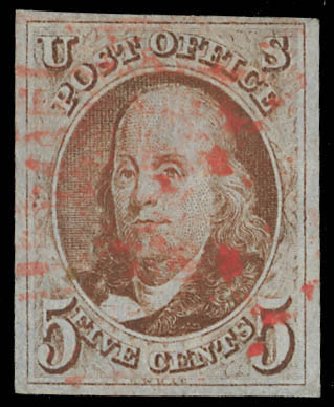 Values of US Stamp Scott Cat. 1 - 1847 5c Franklin. Daniel Kelleher Auctions, Feb 2013, Sale 634, Lot 622
