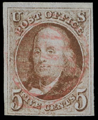 US Stamps Price Scott Catalogue 1: 5c 1847 Franklin. Daniel Kelleher Auctions, Feb 2013, Sale 634, Lot 702