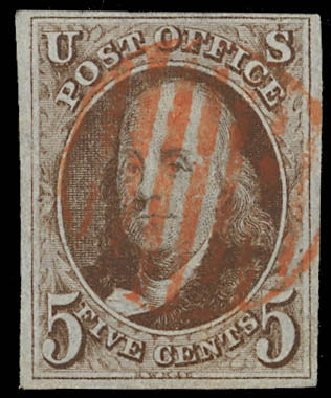 Values of US Stamp Scott Catalogue 1: 1847 5c Franklin. Daniel Kelleher Auctions, Feb 2013, Sale 634, Lot 722
