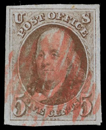 US Stamp Prices Scott Catalogue #1 - 5c 1847 Franklin. Daniel Kelleher Auctions, Feb 2013, Sale 634, Lot 782
