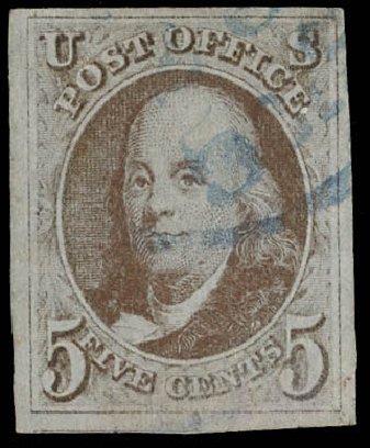 US Stamps Prices Scott Catalogue #1: 1847 5c Franklin. Daniel Kelleher Auctions, Feb 2013, Sale 634, Lot 822