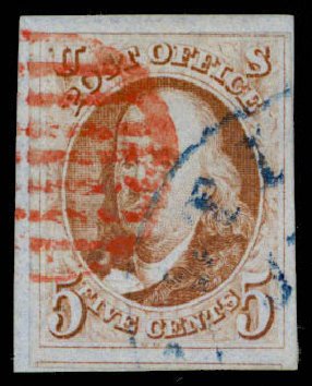 Values of US Stamp Scott Cat. 1: 1847 5c Franklin. Daniel Kelleher Auctions, Apr 2013, Sale 636, Lot 52