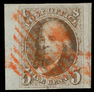 Price of US Stamps Scott Catalogue #1 - 1847 5c Franklin. Daniel Kelleher Auctions, Sep 2013, Sale 639, Lot 3042