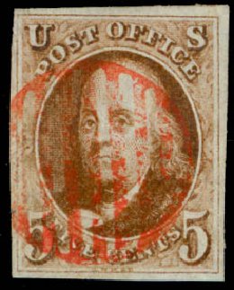 Prices of US Stamps Scott Catalogue 1 - 1847 5c Franklin. Daniel Kelleher Auctions, Sep 2013, Sale 639, Lot 3062