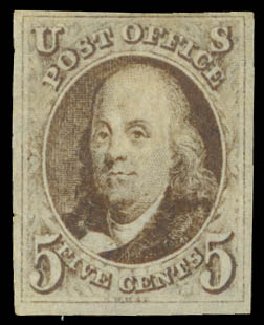 Value of US Stamp Scott Catalogue # 1 - 1847 5c Franklin. Daniel Kelleher Auctions, Mar 2014, Sale 650, Lot 2502