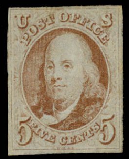 US Stamp Price Scott Catalogue # 1: 5c 1847 Franklin. Daniel Kelleher Auctions, Sep 2014, Sale 655, Lot 132