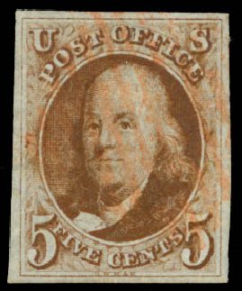 Values of US Stamps Scott Catalogue #1 - 5c 1847 Franklin. Daniel Kelleher Auctions, Jan 2015, Sale 663, Lot 1202