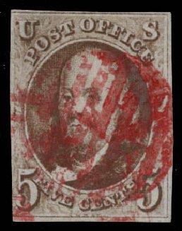Costs of US Stamps Scott Catalog # 1: 5c 1847 Franklin. Daniel Kelleher Auctions, May 2015, Sale 669, Lot 2342