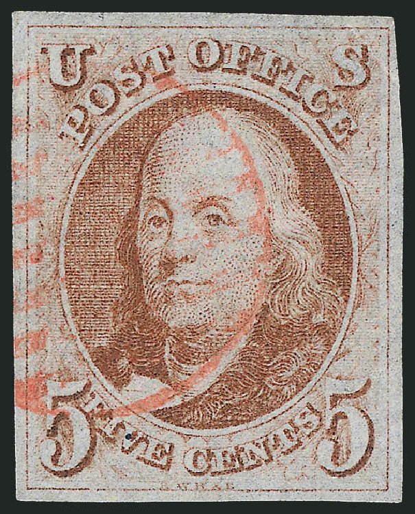 Costs of US Stamps Scott # 1: 1847 5c Franklin. Robert Siegel Auction Galleries, Oct 2011, Sale 1014, Lot 1012