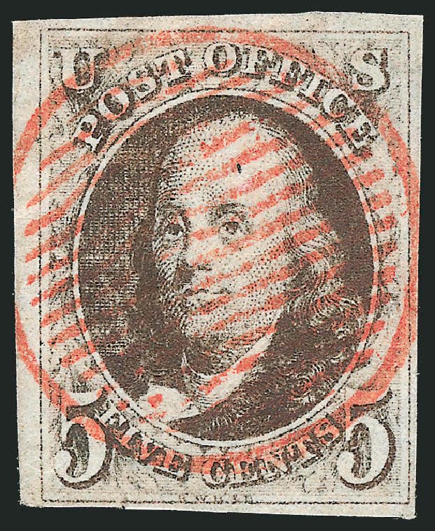 US Stamp Value Scott Cat. #1 - 5c 1847 Franklin. Robert Siegel Auction Galleries, Apr 2012, Sale 1023, Lot 2152