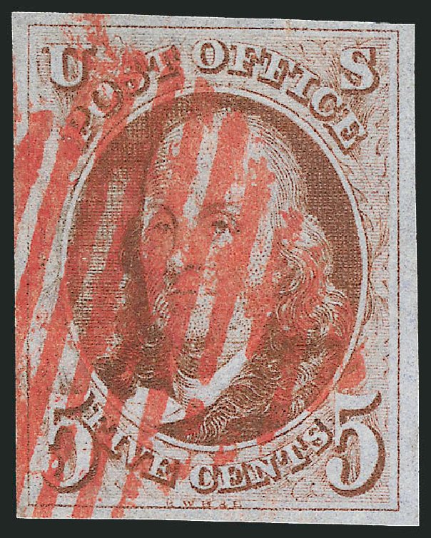 US Stamps Price Scott Catalog 1: 1847 5c Franklin. Robert Siegel Auction Galleries, Jun 2012, Sale 1026, Lot 1112