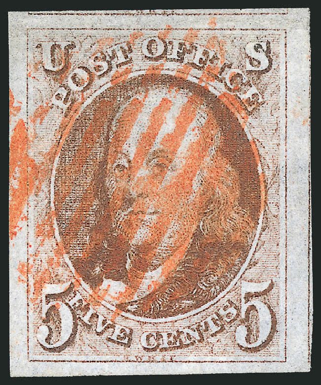 Cost of US Stamps Scott Catalog #1 - 1847 5c Franklin. Robert Siegel Auction Galleries, Dec 2012, Sale 1037, Lot 1352