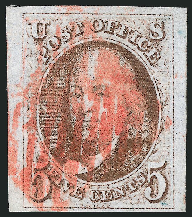 Values of US Stamps Scott Cat. # 1: 5c 1847 Franklin. Robert Siegel Auction Galleries, Jul 2013, Sale 1050, Lot 42