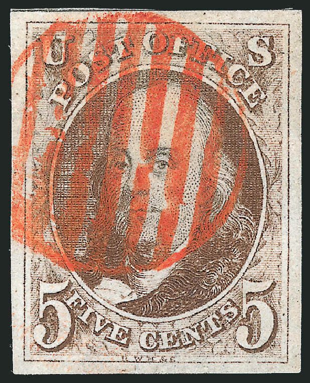 Price of US Stamps Scott Cat. #1: 1847 5c Franklin. Robert Siegel Auction Galleries, Jul 2014, Sale 1077, Lot 32