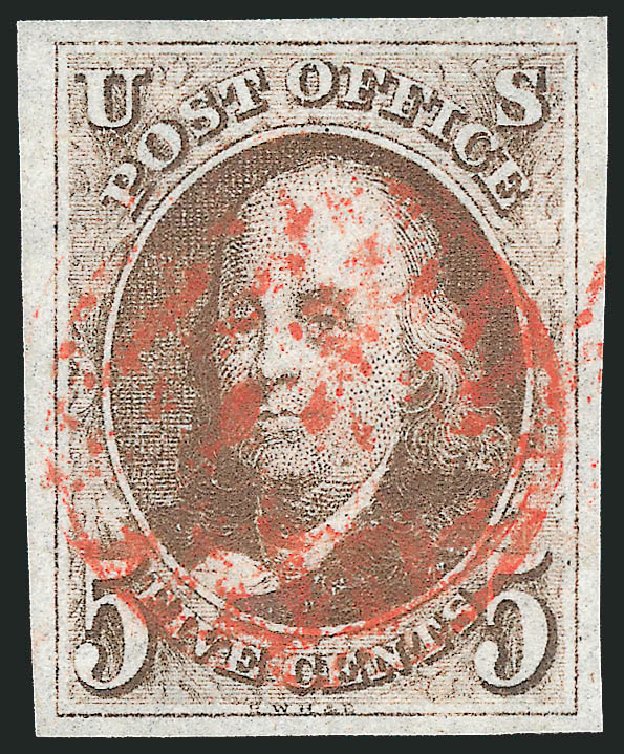 Value of US Stamp Scott 1: 1847 5c Franklin. Robert Siegel Auction Galleries, Sep 2014, Sale 1078, Lot 22