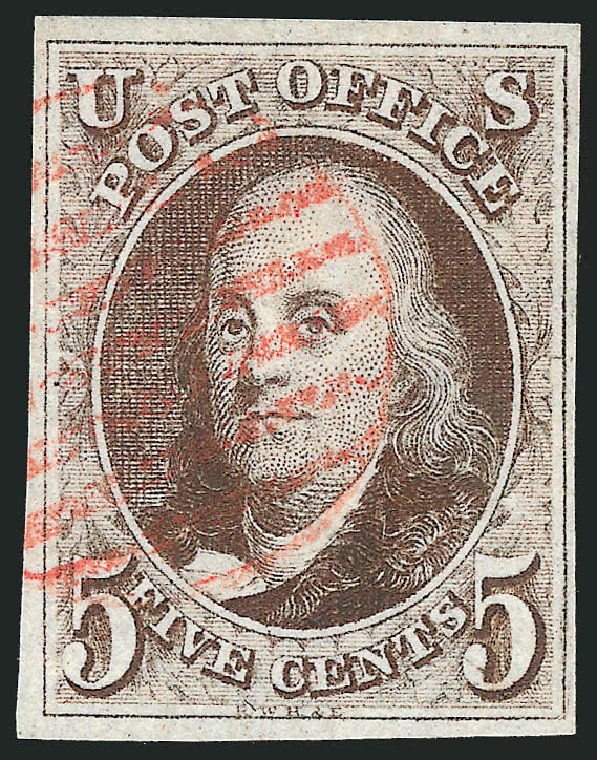 Value of US Stamp Scott Catalog # 1 - 1847 5c Franklin. Robert Siegel Auction Galleries, Sep 2010, Sale 993, Lot 22