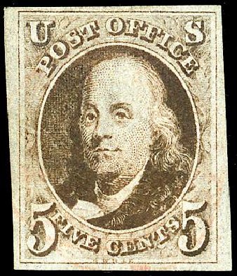 US Stamp Value Scott Catalog # 1: 1847 5c Franklin. Matthew Bennett International, May 2008, Sale 327, Lot 3