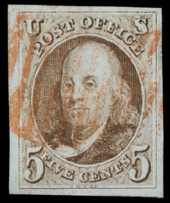 Prices of US Stamp Scott Catalog 1: 1847 5c Franklin. Matthew Bennett International, Jun 2008, Sale 328, Lot 433