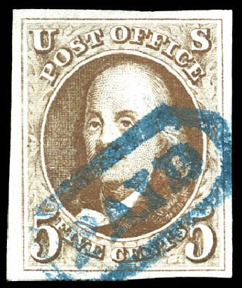 Value of US Stamp Scott Catalog #1: 1847 5c Franklin. Matthew Bennett International, Dec 2008, Sale 330, Lot 1303