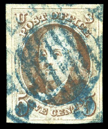 US Stamp Price Scott Cat. #1 - 5c 1847 Franklin. Matthew Bennett International, Dec 2008, Sale 330, Lot 1323