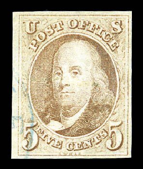 Values of US Stamp Scott Catalogue 1 - 5c 1847 Franklin. Matthew Bennett International, Sep 2010, Sale 333, Lot 3243