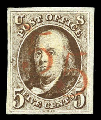 Costs of US Stamp Scott # 1: 1847 5c Franklin. Matthew Bennett International, Mar 2011, Sale 337, Lot 2423