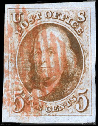 US Stamp Value Scott Cat. # 1 - 5c 1847 Franklin. Matthew Bennett International, Sep 2011, Sale 338, Lot 1663