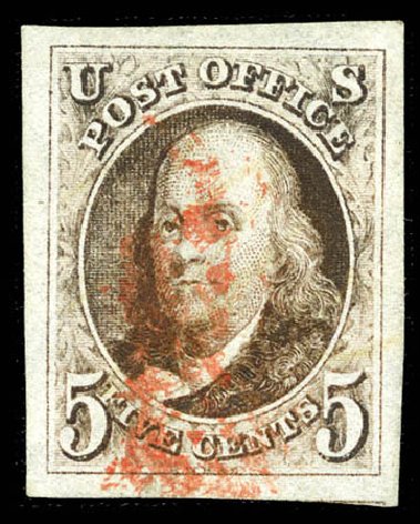 US Stamps Price Scott # 1 - 5c 1847 Franklin. Matthew Bennett International, Feb 2012, Sale 340, Lot 23