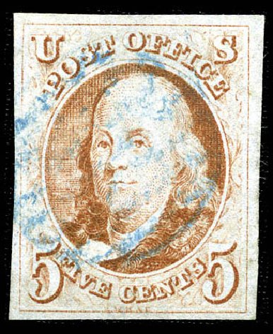 Value of US Stamps Scott Catalogue # 1 - 1847 5c Franklin. Matthew Bennett International, Feb 2012, Sale 340, Lot 43