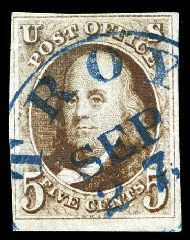 Prices of US Stamp Scott Cat. # 1 - 1847 5c Franklin. Matthew Bennett International, Mar 2012, Sale 344, Lot 4173