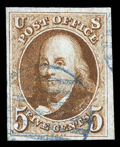 Costs of US Stamps Scott Catalogue #1 - 5c 1847 Franklin. Matthew Bennett International, Sep 2012, Sale 345, Lot 3