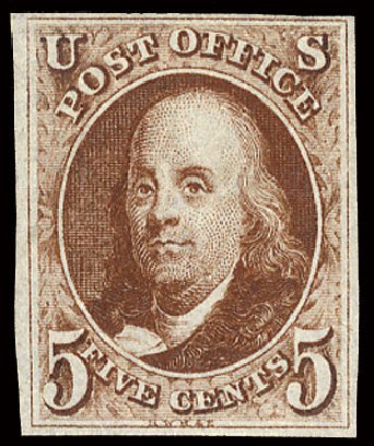 Value of US Stamp Scott Catalogue #1: 5c 1847 Franklin. Cherrystone Auctions, Jun 2010, Sale 201006, Lot 3