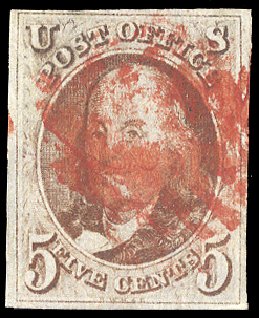 Cost of US Stamp Scott #1 - 5c 1847 Franklin. Cherrystone Auctions, Jun 2011, Sale 201106, Lot 3