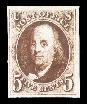 US Stamps Price Scott # 1: 5c 1847 Franklin. Cherrystone Auctions, Sep 2014, Sale 201409, Lot 3