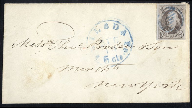 Value of US Stamps Scott 1 - 5c 1847 Franklin. Cherrystone Auctions, Jan 2015, Sale 201501, Lot 13