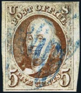 Prices of US Stamps Scott Cat. #1 - 1847 5c Franklin. Harmer-Schau Auction Galleries, Jan 2014, Sale 100, Lot 393