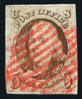 US Stamps Value Scott Catalog # 1: 1847 5c Franklin. Harmer-Schau Auction Galleries, Aug 2014, Sale 102, Lot 1593