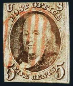 Values of US Stamps Scott Catalog #1 - 5c 1847 Franklin. Harmer-Schau Auction Galleries, May 2015, Sale 105, Lot 103