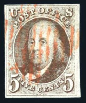 US Stamps Values Scott Catalogue # 1: 5c 1847 Franklin. Harmer-Schau Auction Galleries, Jun 2008, Sale 78, Lot 1223